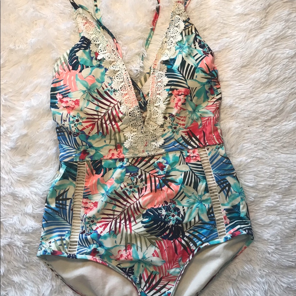 Tropical Bathing Suit with Crochet Detail